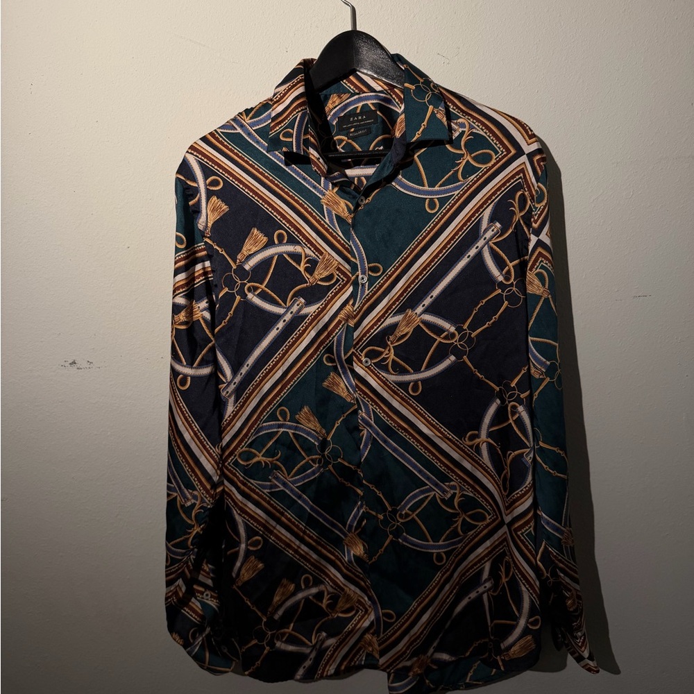 Zara Men's Geometric Pattern Shirt - Black, Green, Brown